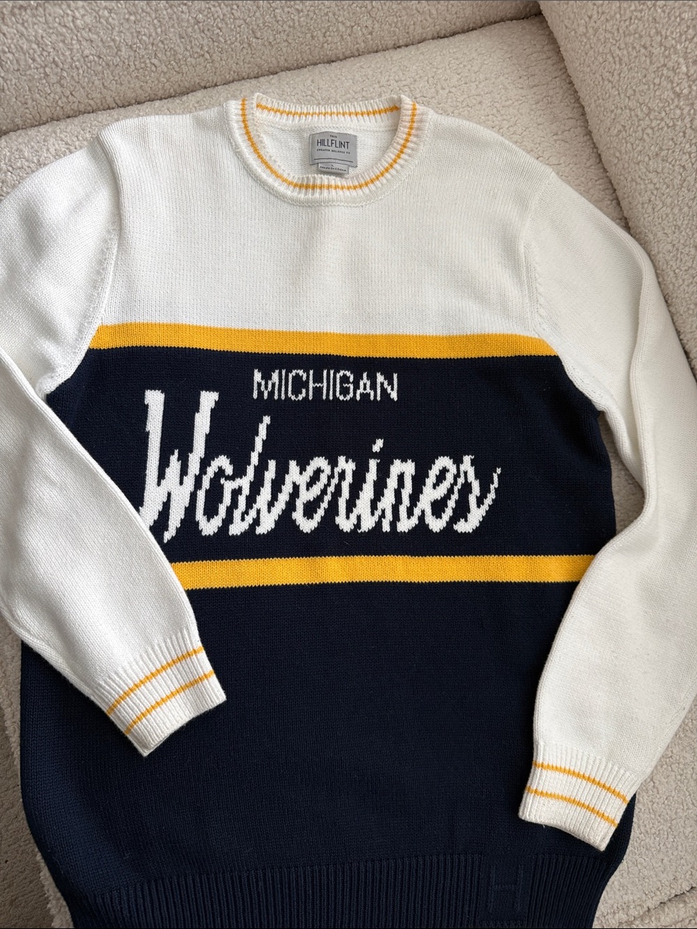 Crewneck Sweater - White, Navy & Yellow Michigan Wolverines